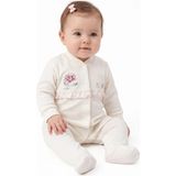 Bebegen Kız Bebek Ekru Pembe Gül Nakışlı Kanaviçe Çıtçıtlı Patikli Tulum - 0 -3 Ay