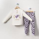 Bebegen Kız Çocuk Ekru Mor Cool Kalp Baskılı 2'li Pijama Takımı - 1 - 2 Yaş - Renkli