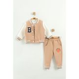 Bebek Baskılı 3'lü Eşofman Takımı (Sweatshirt, Pantolon, Ceket) (9-12-18 Ay) - Bej