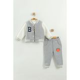 Bebek Baskılı 3'lü Eşofman Takımı (Sweatshirt, Pantolon, Ceket) (9-12-18 Ay) - Gri - 9 Ay