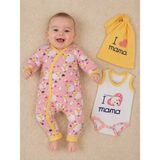 Bebek Çıtçıtlı Badi Tulum Bere 3'lü Takım %100 Pamuk Annemi Seviyorum Yazılı 587-8 - Yenidoğan - Pembe