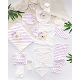 Bebek Hastane Çıkışı Seti / Ayıcık Desenli - Organik - Unisex - Yeni Doğan Hediyesi - Babyzuhu - Beyaz - Mor - 0 - 3 Ay