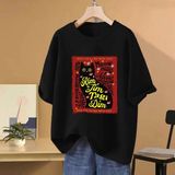 Bebek Lazanya Harajuku Kedi Grafik T-Shirt Erkek Kadın Rahat Hip Hop Streetwear Büyük Boy Kıs - Siyah - XL