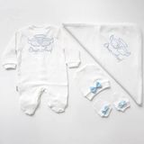 Bebek Odam İsme Özel Mavi Nakışlı Bereli Eldivenli Erkek Bebek Tulum + Battaniye - 3 - 6 Ay - Renkli