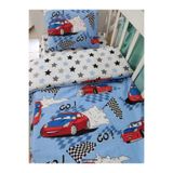Bebek Özel Pamuklu Beşik Yatak Takımı 60x120 cm, Kırmızı Arabalı Mavi Gri Yıldızlı, Yorgan Çarşaf Yastık Seti