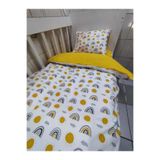 Bebek Özel Pamuklu Çocuk 70x160 Beşik Yastık Çarşaf Yorgan Sarı Gökkuşağı Sarılı