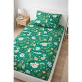 Bebek Özel%100 Pamuklu Bebek Çocuk Lastikli Çarşaf ve Yastık Kılıfı 90x140 cm, Yeşil Orman