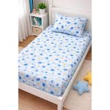 Bebek Özel%100 Pamuklu Bebek Çocuk Lastikli Çarşaf ve Yastık Kılıfı 90x180 cm, Mavi Ay Bulutlu