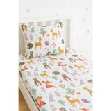 Bebek Özel%100 Pamuklu Çocuk Lastikli Çarşaf ve Yastık Kılıfı Seti, 90x190 cm, Doğa Hayvanlar Desenli