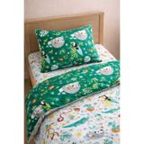 Bebek Özel%100 Pamuklu Çocuk Yatak Seti, 90x190 cm, Beyaz ve Yeşil Orman Desenli, Yastık ve Yorgan Kılıflı