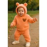 Bebek Peluş Ayı Kulaklı Kapüşonlu 2'li Takım - Kışlık Polar - 2 - 3 Yaş - Pembe