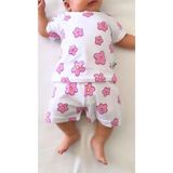 Bebek Pijama Takımı Kısakol Şort Çiçek Desen Pamuk Yenidoğan Çocuk Pijama - Pembe - Beyaz - 9 - 12 Ay