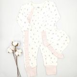 Bebek Star Fitilli Şapkalı Çiçek Desenli Açık Pembe - Krem Kız Bebek Tulumu %100 Cotton - 6 - 9 Ay