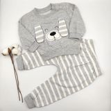 Bebek Star Kulak Detaylı Çizgili Gri %100 Cotton Bebek Takımı - 6 - 9 Ay