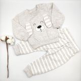 Bebek Star Kulak Detaylı Çizgili Taş - Bej %100 Cotton Bebek Takımı - 6 - 9 Ay