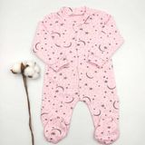 Bebek Star Patikli Ay Yıldız Desenli Pembe Kız Bebek Tulum %100 Cotton - 6 - 9 Ay