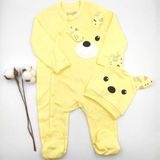 Bebek Star Şapkalı Bandanalı Patikli Sarı Ayıcıklı İkili Bebek % 100 Cotton Tulum Takımı - 0 - 3 Ay - Açık Sarı