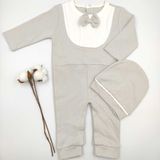 Bebek Star Şapkalı Papyonlu Açık Gri ( Taş Rengi ) Uzun Kollu %100 Cotton Bebek Tulumu - 0 - 3 Ay