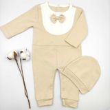 Bebek Star Şapkalı Papyonlu Bej Uzun Kollu %100 Cotton Bebek Tulumu - 3 - 6 Ay - Sütlü Kahve