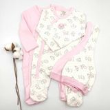 Bebek Star Şapkalı Patikli Ayıcık Desenli Pembe ve Krem İkili Kız Bebek Tulumu - 0 - 3 Ay