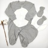 Bebek Star Tavşan Model Şapkalı Eldivenli Patikli Gri Ponponlu Bebek Tulum Takımı %100 Cotton - 3 - 6 Ay - Gri - Beyaz
