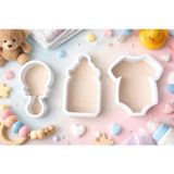 Bebek Temalı Kurabiye Kalıbı Seti | Biberon – Tulum – Emzik Şekilli | 8–10 cm Plastik Kalıp