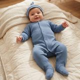 Bebek Tulum Modal Kumaş 2 Parça Şapkalı Set – Uzun Kollu - Mavi - 9 - 12 Ay