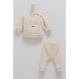 Bebek Waffle Kumaş 2'li Takım(Sweatshirt ve Pantolon Takımı) Rahat ve Şık (1-12 Ay) - Ekru - 3 - 6 Ay