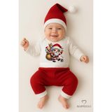 Bebek Yılbaşı Noel Kıyafeti 3’lü Set ,Santa Baskılı Uzun Kollu Body, Kırmızı Fitilli Pantolon,Şapka