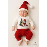 Bebek Yılbaşı Noel Kıyafeti 3’lü Takımı Snowman Baskılı Body,Kırmızı Fitilli Pantolon,Noel Şapkası
