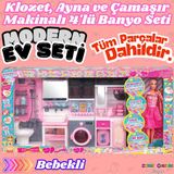 Bebekli Oyuncak Dörtlü Modern Banyo Seti - Modern Banyo Seti - Banyo Oyuncak Seti - Klozet, Tuvalet, Aynalı Lavabo, Ütü,