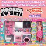 Bebekli Oyuncak Üçlü Modern Banyo Seti - Modern Banyo Seti - Banyo Oyuncak Seti - Klozet, Tuvalet, Aynalı Lavabo, Çamaşı