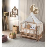 Bebekonfor Doğal Mabela Ahşap Anne Yanı Beşik Renkli Yıldız Uyku Seti ile Sallanabilir - 60 x 120