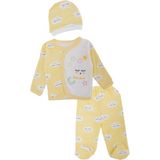 Bebelop Unisex Bebek Bulut Baskılı Şapkalı Çıtçıtlı 3'lü Alt Üst Takım - Sarı - 3 Ay