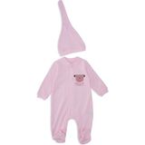 Bebelop Unisex Bebek Hayvan Nakışlı Raporlu Çıtçıtlı Şapkalı Patikli Tulum - Pembe - 9 Ay