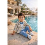 Bebelove Cool Bear Baskılı Erkek Bebek 3’lü Takım – Ceket, Tişört ve Pantolon - Mavi - Bej - Beyaz - 9 - 12 Ay