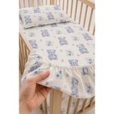 Bebelz %100 Pamuk Anne Yanı - Park Yatak Çiçekli Mavi Ayıcıklı Bebek Lastikli Çarşaf Seti - 2 Adet Yastık Kılıfı 60x120 / 70x120 / 70x110