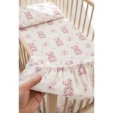 Bebelz %100 Pamuk Anne Yanı - Park Yatak Çiçekli Pembe Ayıcıklı Bebek Lastikli Çarşaf Seti - 2 Adet Yastık Kılıfı 60x120 / 70x120 / 70x110