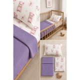 Bebelz %100 Pamuk Anne Yanı Park Yatak Uyumlu Bebek Pike ve Çarşaf Takımı 3'lü Set(Mor)-60x120-70x110-70x120 Yataklara Uyumludur