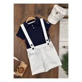 bebendy baby&kids Polo Yaka Şapkalı Çapa Nakışlı Keten Likralı Salopet Yazlık Erkek Bebek-Çocuk Takım