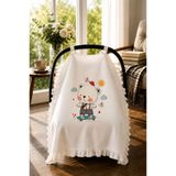 bebeqon %100 Müslin Bebek Puset Örtüsü Fırfırlı Kaykaylı Ayıcık Desenli Beyaz 70x110 cm