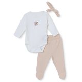 Bebetto Kız Bebek Body-Alt-Şapka Çiçek Baskılı Çıtçıtlı Bisiklet Yaka Long Sleeve Patikli - Ekru