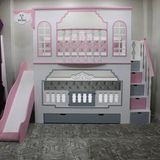 Bebetu Mobilya Prenses Balkonlu Kaydıraklı Ranza - Pembe - Beyaz - 100 x 200 cm