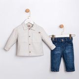 Bebeva Baby Erkek Bebek %100 Pamuklu Kareli Gömlek Ceket ve Kot Pantolon 2'li Takım - Kot Mavisi - 6 - 9 Ay