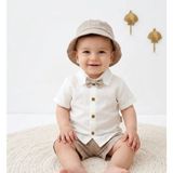 Bebeva Baby Erkek Bebek Bej Papyonlu Gömlek, Şort ve Şapkalı 3'lü Keten Karışımlı Takım - 18 - 24 Ay