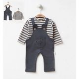 Bebeva Baby Erkek Bebek Gri Ayıcık Nakışlı Salopet ve Çizgili Body 2'li Kombin Takım - 6 - 9 Ay