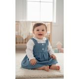 Bebeva Baby Kız Bebek %100 Pamuklu Uzun Kollu Gömlekli Jile Tipi Cepli Denim Kot Elbise Takımı - Mavi/beyaz - 6 - 9 Ay - Kot Mavi - Beyaz