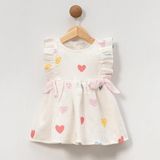 Bebeva Baby Kız Bebek Krem Renkli Kalp Desenli Müslin A-Line Çadır Kesim Elbise - 9 Ay - Beyaz - Pembe