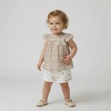 Bebeva Baby Kız Bebek Pudra Çiçek Desenli Fırfırlı Bluz ve Nakışlı Şort 2'li Butik Takım - 2 Yaş