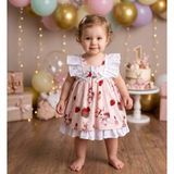Bebeva Baby Kız Bebek Pudra Pembe Tavşan ve Çilek Desenli Fırfırlı Butik Elbise - 9 - 12 Ay